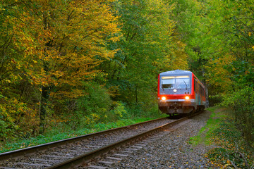 Passenger train on Vadu Crsiului railway, Occidental Carpathians, Romania, Europe	