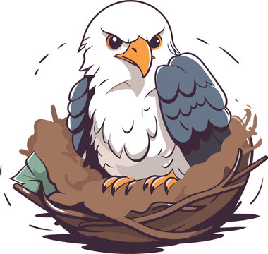 Illustration of a bald eagle in a nest on a white background
