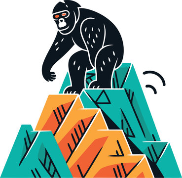 Gorilla on the top of a mountain. Vector illustration.