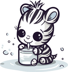 Cute cartoon zebra drinking milk from a jar. Vector illustration.