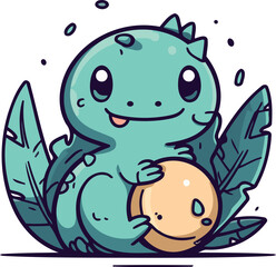 Cute dinosaur with a ball. Vector illustration isolated on white background.