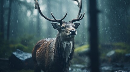A cinematic shot of a reindeer in the rain, cinematic lighting, volume of fog around, sweltering midday heat - obrazy, fototapety, plakaty