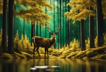 Majestic deer standing in a serene forest setting alongside a river on a sunny day, AI-generated.