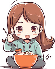 Illustration of a cute little girl eating a bowl of cereals