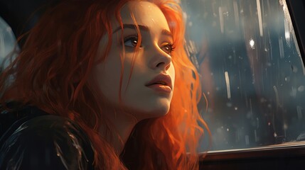 Aesthetic, nostalgic, beautiful girl staring out of a car, raindrops on the window, up close, digital illustration