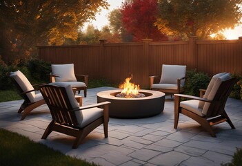 AI generated illustration of a modern outdoor patio featuring a concrete fire pit - obrazy, fototapety, plakaty