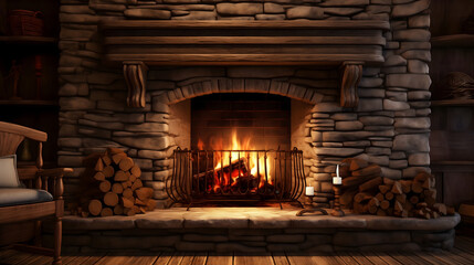 Un foyer rustique avec une cheminée et des bûches prêtes à l'emploi dans une atmosphère chaleureuse. - obrazy, fototapety, plakaty