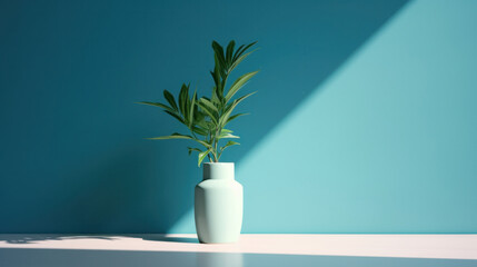 Minimalist Decor: Lush Green Plant in Vase Casting Soft Shadows on a Green Wall.