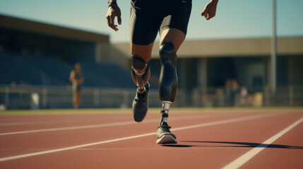 Triumph of Spirit: Determined Athlete with Prosthetic Legs Sprinting on Stadium Track.