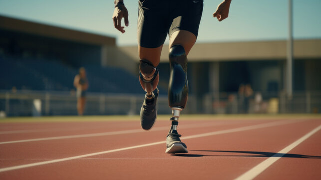 Triumph of Spirit: Determined Athlete with Prosthetic Legs Sprinting on Stadium Track. - Powered by Adobe