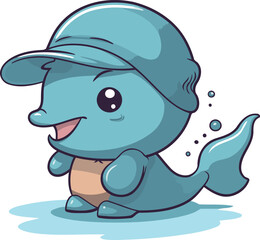 Cute cartoon blue whale. Vector illustration isolated on white background.