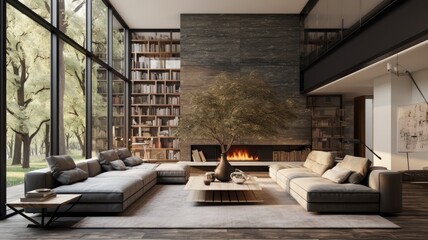 Modern luxurious living room with a fireplace. Minimalist style interior design