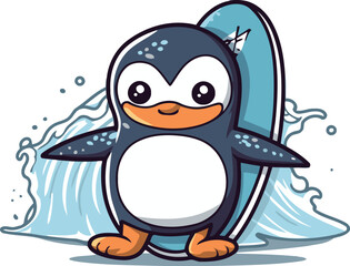 Fototapeta premium Cute penguin with surfboard. Vector illustration on white background.