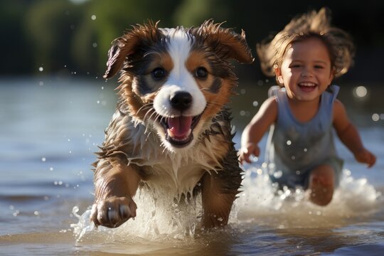 dog puppy and baby playing in a river - Powered by Adobe