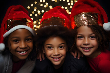 children Christmas photo, closeup portrait, christmas time, winter concept