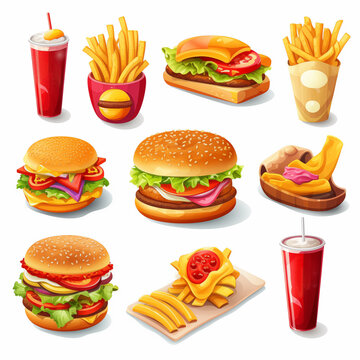 Illustration of fast food meals . hamburger, french fried, chicken sandwich, soda concept.