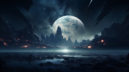 Science fiction wallpaper planets, in the style of apocalypse landscape, dark cyan, epic fantasy...