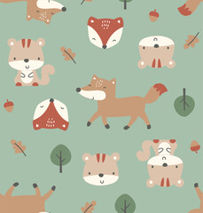 Seamless pattern with forest friends, cute squirrel, Cute fox vector, cute forest friends pattern