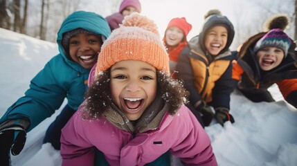 A group of cheerful children playing in the snow in winter. Active winter holidays concept