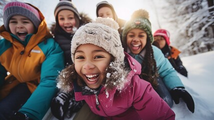 A group of cheerful children playing in the snow in winter. Active winter holidays concept