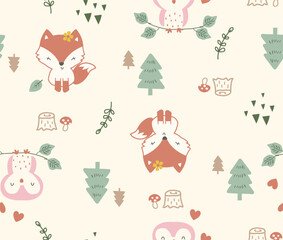 Forest friends pattern, Cute fox pattern, Cute owl pattern, Forest friends pattern, 