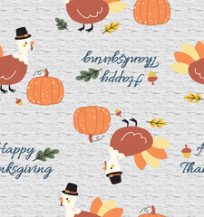 Seamless pattern with turkey, Pumpkin  vector, Thanksgiving pattern, happy holiday repeat, cute turkey vector
