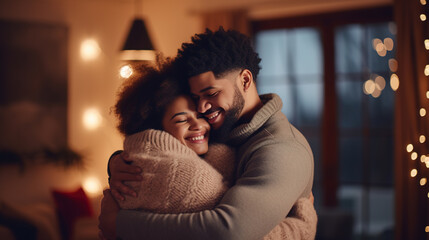 Fototapeta premium Smiling afro american couple hugging each other . Relationship Valentine's Day concept