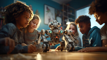 Diverse schoolchildren build a robot using computers . Happy multiethnic children learning robot programming sitting at table during engineering class