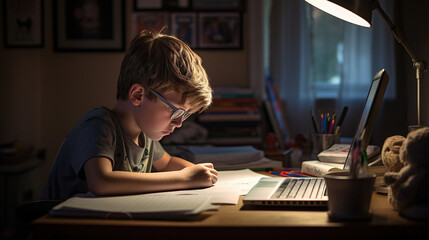 Little boy doing homework at home late in evening. Home education concept - obrazy, fototapety, plakaty
