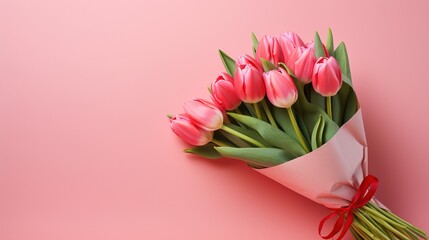 A bouquet of pink tulips tied with a fuchsia satin ribbon on a pink background. International women's day background
