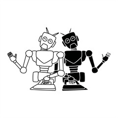 silhouette and line art illustration of two robots ironing for an icon or logo