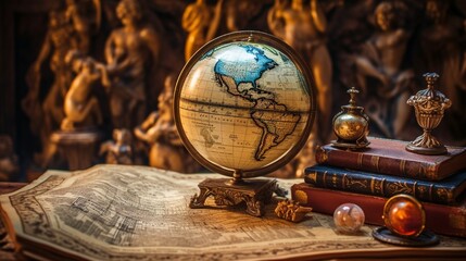 Adventure stories education background. Old globe on map background. Selective focus. - obrazy, fototapety, plakaty