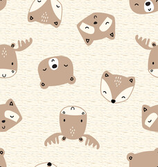 Seamless pattern with forest friends, cute bear, cute racoon, cute deer, forest friends pattern