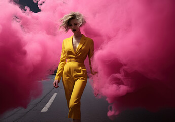 Obraz premium Pink Smoke: A Photo of a Person with a Blurred Face and a Colorful Expression