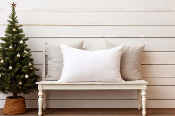 Bench with white canvas pillow mockup and Christmas elements. Generative AI