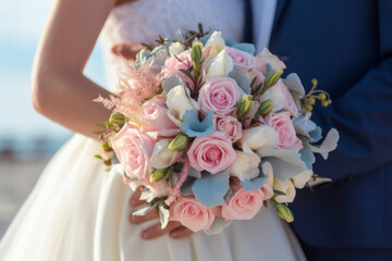 The bride holds soft wedding bouquet of roses, peonies and eustoma. Generative AI