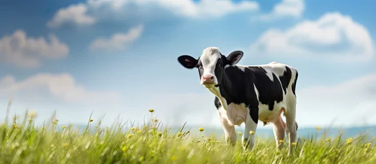 Gordijnen A green field is where a young bull calf feeds © 2rogan