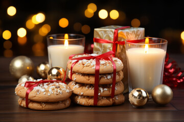 Traditional Christmas homemade cookies, candle and cup of milk with Christmas decor on blurred lights background. Generative AI