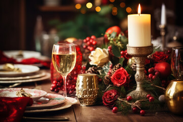 Naklejka na ściany i meble Festive dining table set for Christmas dinner. Holiday decorations, wine glasses and tableware. Generative AI