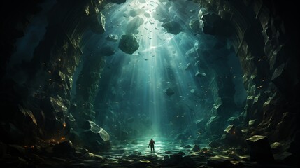One person is swimming through a cool underwater cave, in the style of suspended/hanging, ethereal seascapes - obrazy, fototapety, plakaty