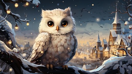 Christmas winter owl against the background of a winter house in the forest