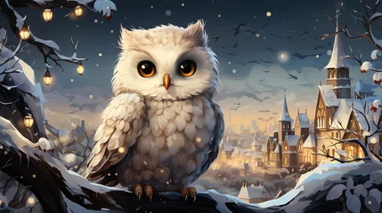Poster Dessins animés de hibou Christmas winter owl against the background of a winter house in the forest