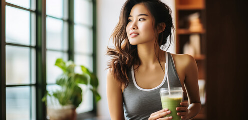 Sipping Health: Young Asian Woman Drinks Protein Shake After Yoga - obrazy, fototapety, plakaty