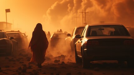 Fototapeta na wymiar Dust storm in the air in the hot Arabian desert, we are approaching the city, sandstorm