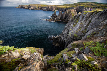 High East Coast cliffs at Cable John Cove overlooking the Atlantic Ocean along the Bonavista Peninsula in Newfoundland and Labrador Canada.