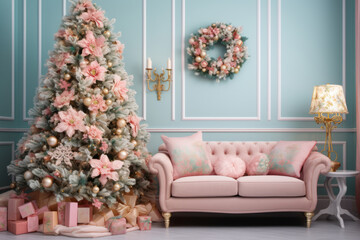 A cozy living room with a Christmas tree adorned with elegant pink floral decorations. Generative AI