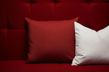 Christmas red and white pillows on dark red sofa. Living room decorated with a Christmas tree. Generative AI
