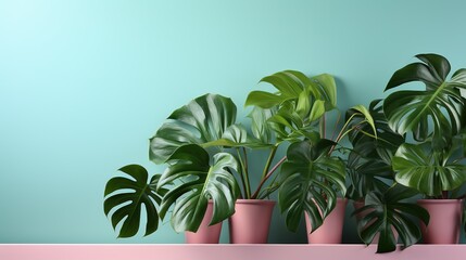 Monstera plants with large leaves in pink pots, pastel colors