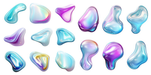 Obraz premium Colorful 3D iridescent shapes. Set of isolated holographic liquid bubbles. Generative AI