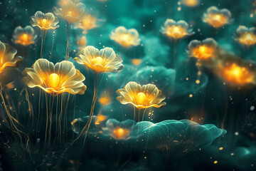 Beautiful night landscape with glowing fantasy flowers in the meadow. Ai generative.